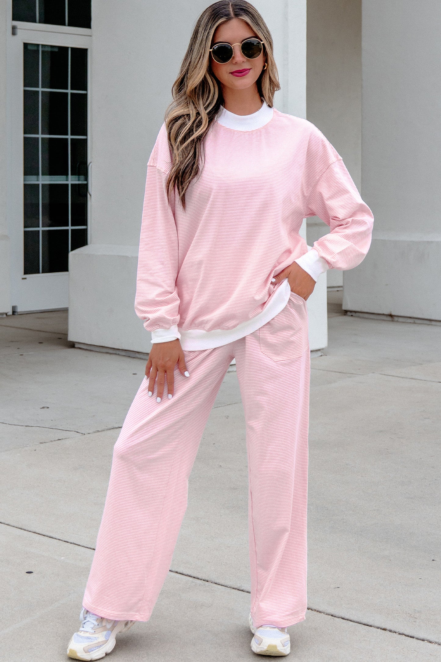 Pink Stripe Color Block Trim Mock Neck Pullover Drawstring Pants Casual Outfit