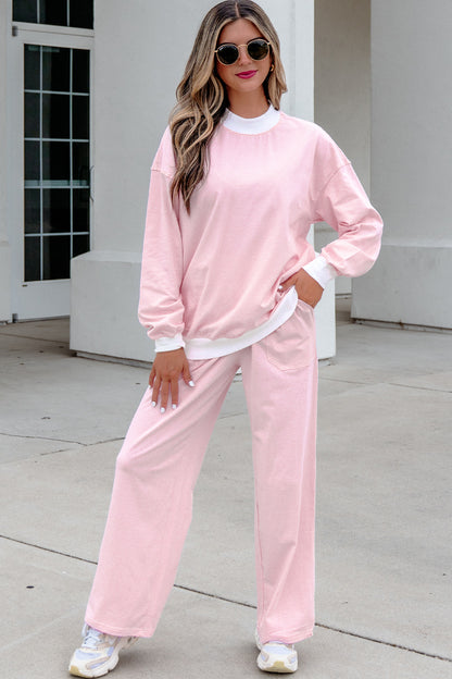 Pink Stripe Color Block Trim Mock Neck Pullover Drawstring Pants Casual Outfit