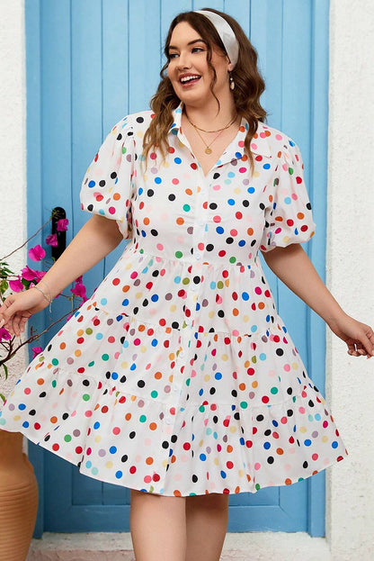 Robe chemise boutonnée à manches bouffantes et imprimé pois blancs grande taille