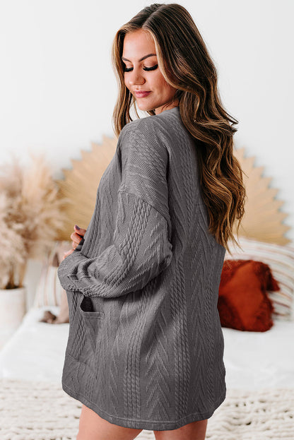 Cardigan gris moyen uni texturé ouvert sur le devant avec poche