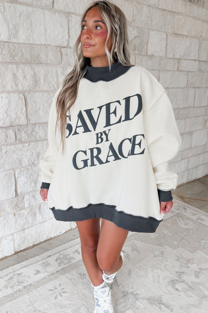 Beige Saved By Grace Print Color Block Mock Neck Oversized Sweatshirt