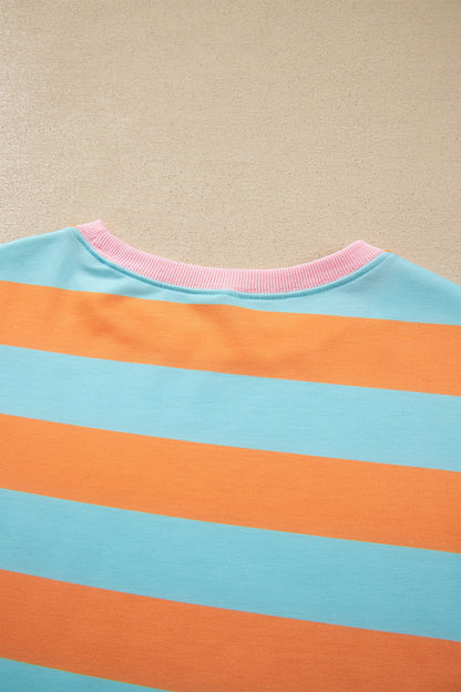 Orange Stripe Ribbed Color Block Trim Round Neck Long Sleeve Shift Top
