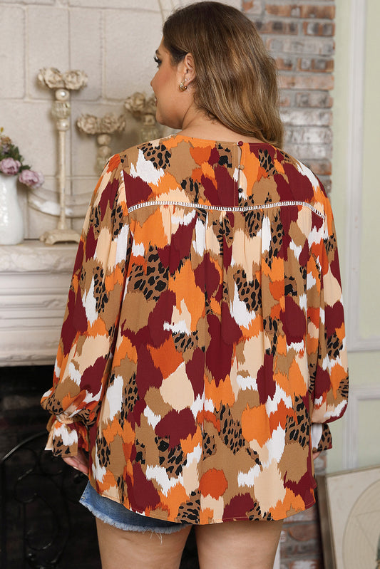Blusa multicolor con mangas abullonadas y estampado abstracto de talla grande 