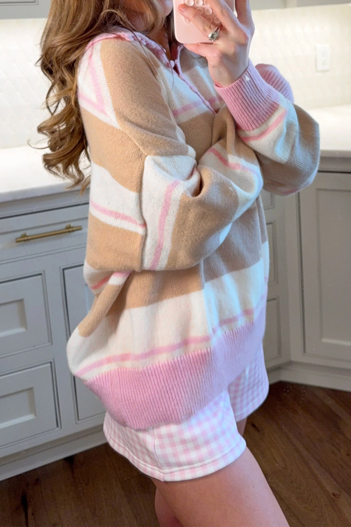 Pink Stripe Striped Colorblock V Neck Long Sleeve Tunic Sweater