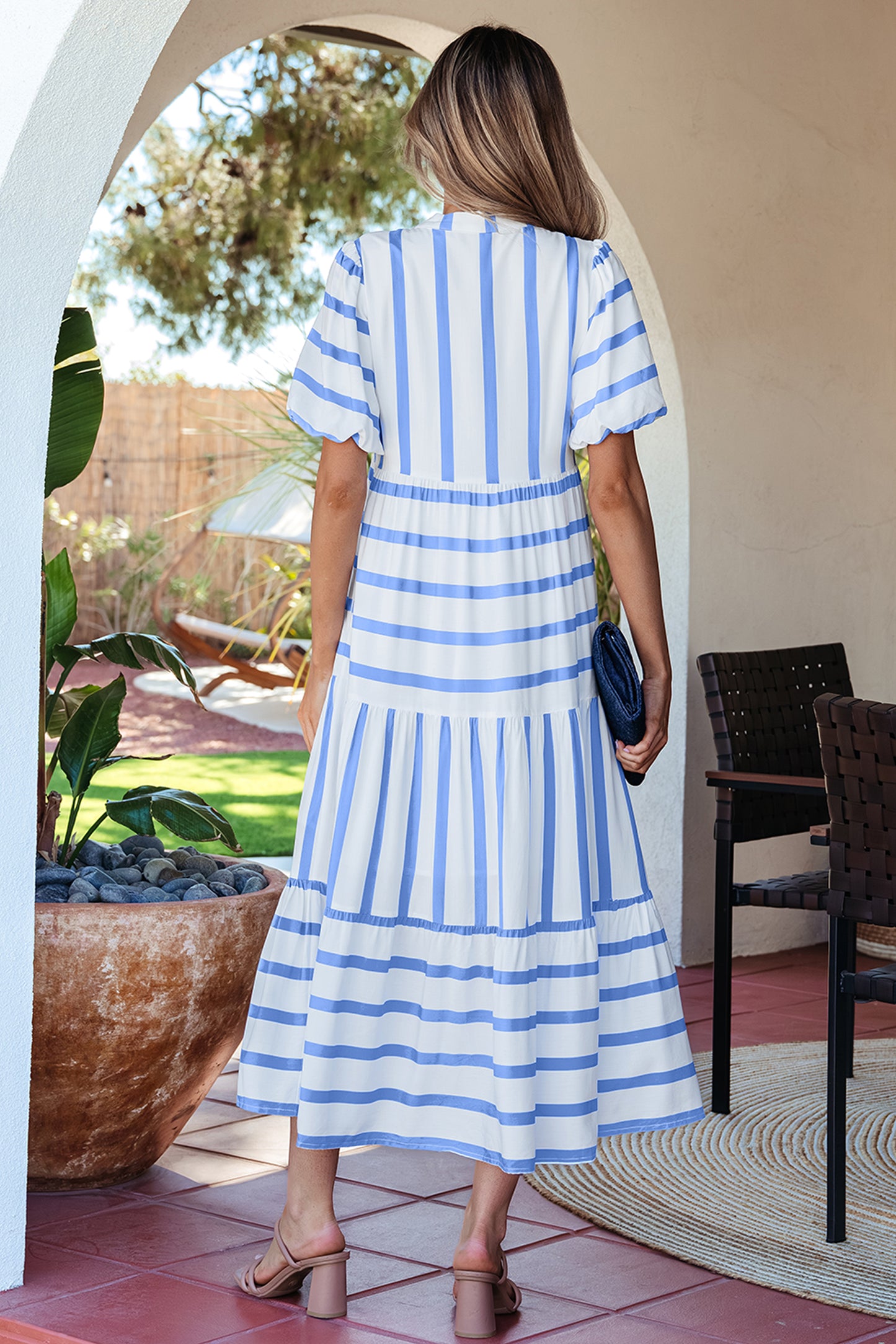 Green Stripe Ricrac Trim Notched Neck Half Sleeve Vacation Dress