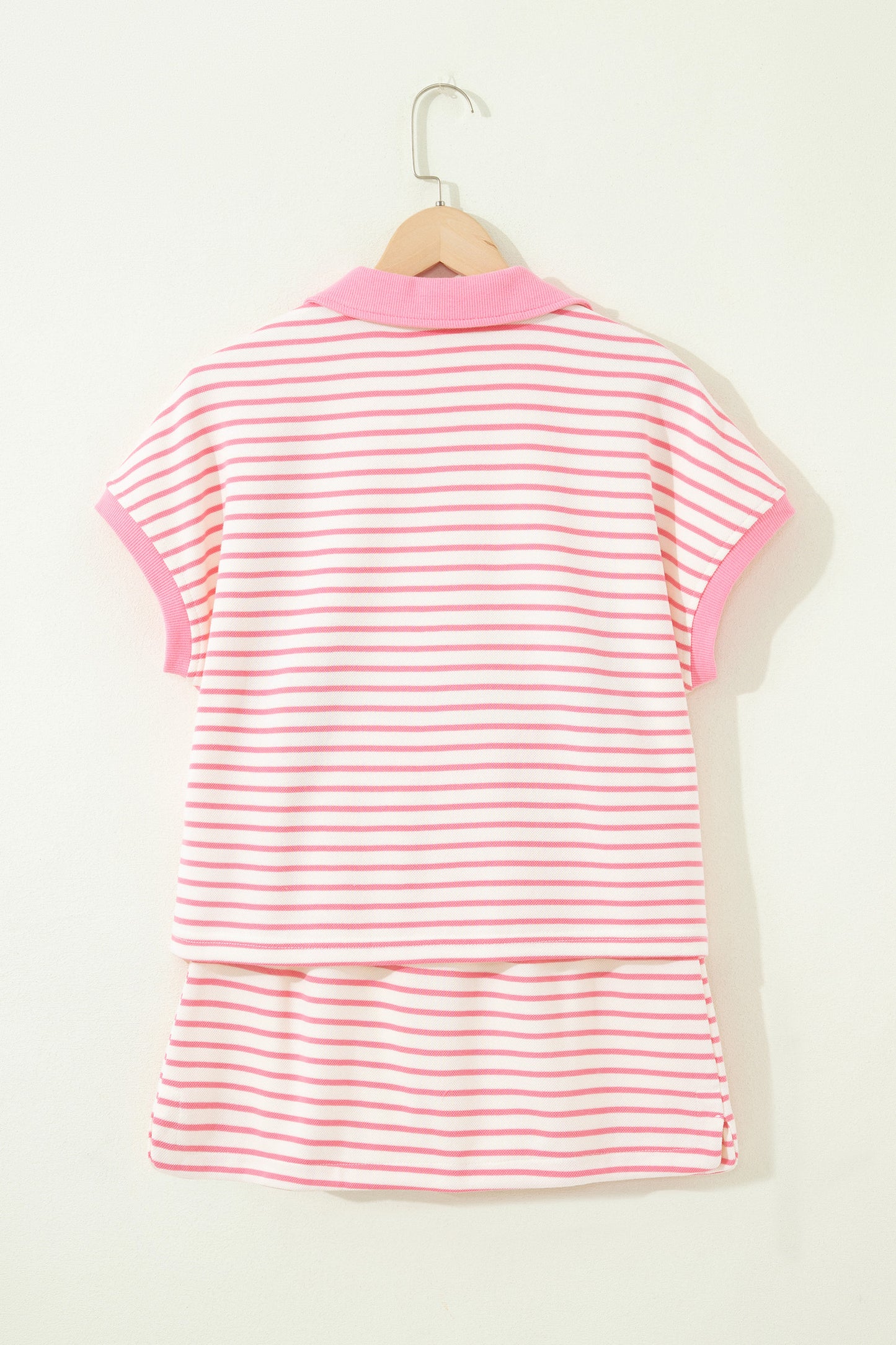 Pink Stripe Color Block Patchwork Polo Tee Drawstring Elastic Waist 2pcs Skort Set
