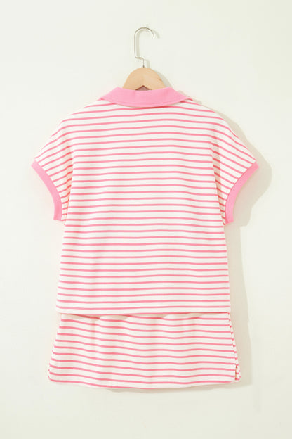 Pink Stripe Color Block Patchwork Polo Tee Drawstring Elastic Waist 2pcs Skort Set