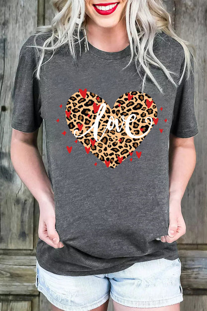 T-shirt à manches courtes imprimé léopard en forme de cœur pour la Saint-Valentin