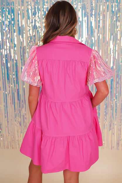 Robe chemise à volants superposés et manches bouffantes à paillettes Bonbon