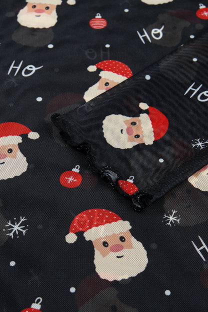 Black Santa Print Sheer Stand Neck Long Sleeve Top