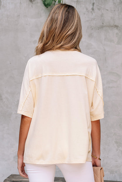 Sky Blue Flower Patched Exposed Stitching Trim Crew Neck Loose Tee