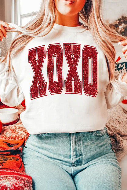 Sweat-shirt ras du cou blanc pailleté XOXO Graphic pour la Saint-Valentin