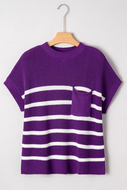 Purple Stripe Raw Edge Patched Pocket Short Sleeve Knit Sweater