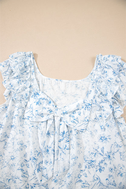 Sky Blue Floral Ruffled Short Sleeve Bow Back Square Neck Blouse