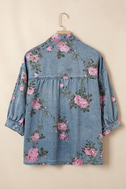 Blue Bracelet Sleeve Floral Denim Shirt