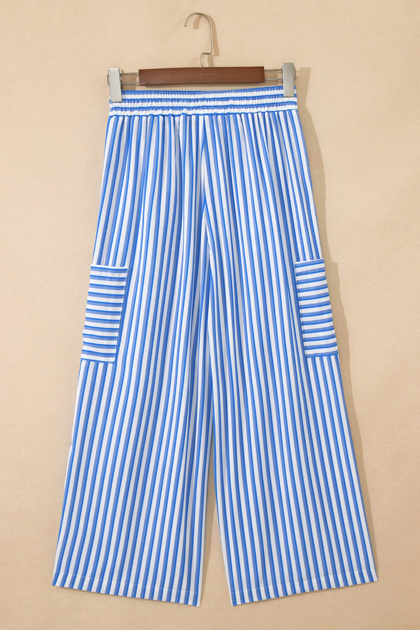 Sky Blue Stripe Drawstring Elastic Waist Patch Pocket Wide Leg Ankle-length Pants