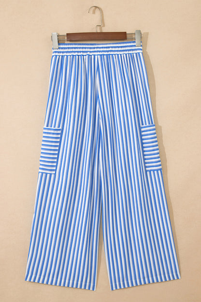 Sky Blue Stripe Drawstring Elastic Waist Patch Pocket Wide Leg Ankle-length Pants