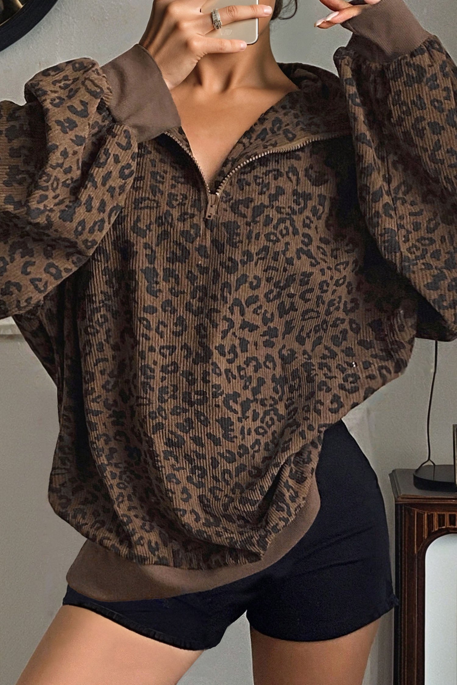 Brown Leopard Print Quarter Zip Corduroy Sweatshirt