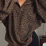 Brown Leopard Print Quarter Zip Corduroy Sweatshirt
