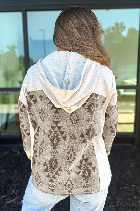 Gray Western Aztec Print Color Block Patchwork Drawstring Hooded Shacket