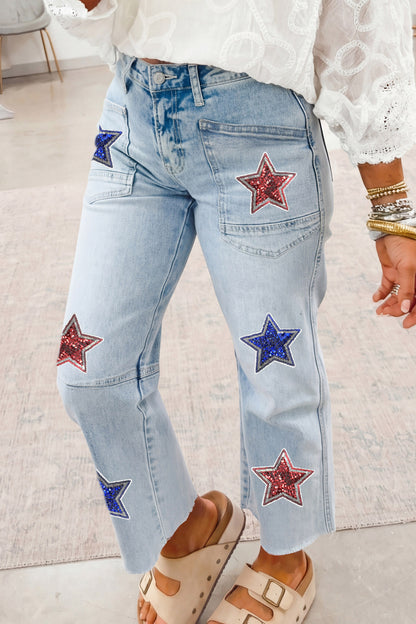 Beau Blue Patriotic Sequin Stars Patch Pocket Shift Jeans