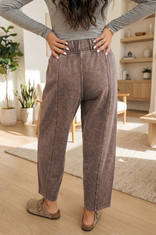 Coffee Mineral Wash Seam Detail Elastic Waist Barrel Pants