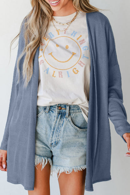 Cardigan tunique ouvert sur le devant en tricot côtelé bleu uni Ashleigh