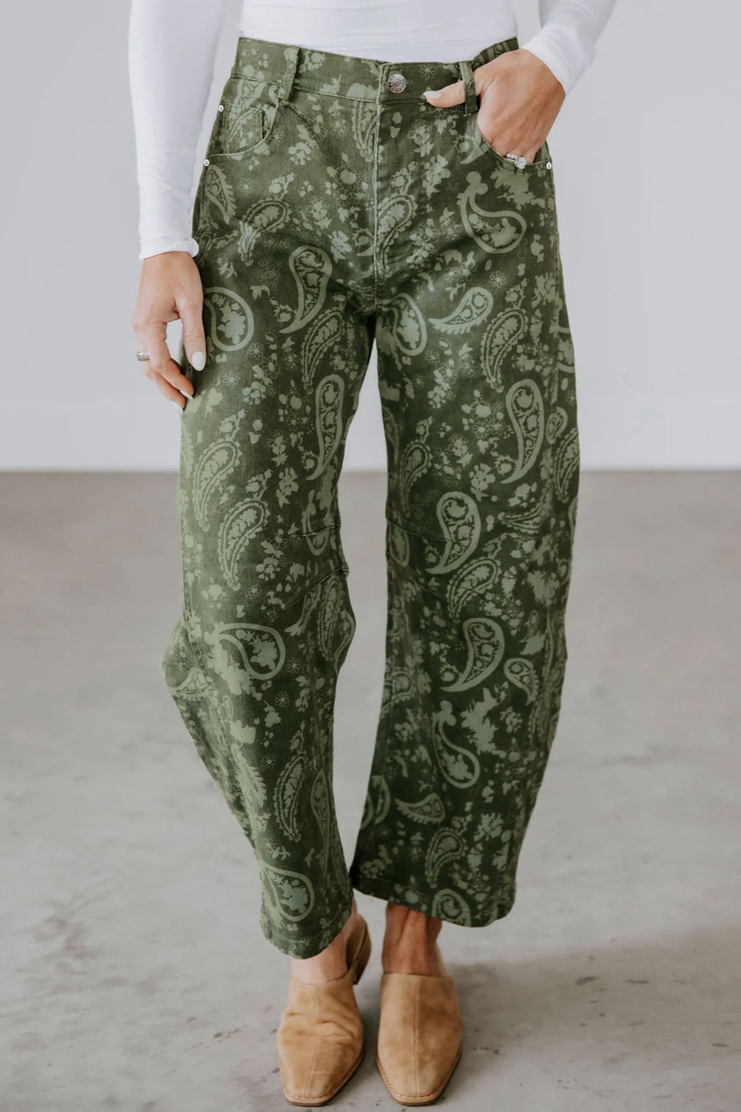 Green Paisley Print Harem Denim Pants