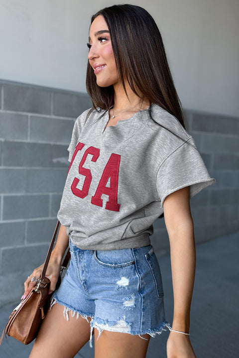 Light Grey USA Lettering Patch Notched Neck Loose Tee