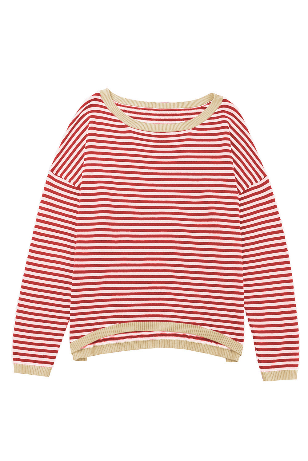 Fiery Red Contrast Trimmed Striped Drop Shoulder Sweater