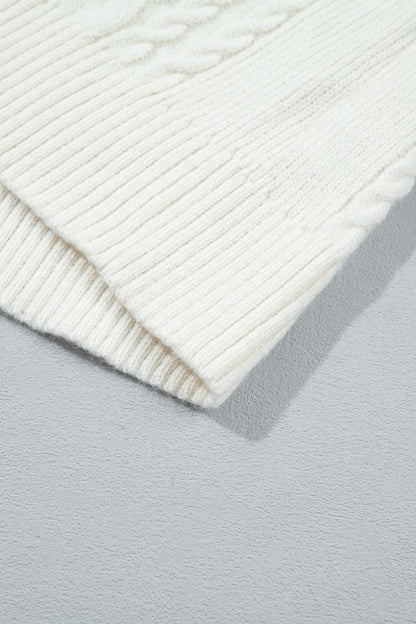 Beige Solid Color Cable Detail Knit Loose Round Neck Sweater