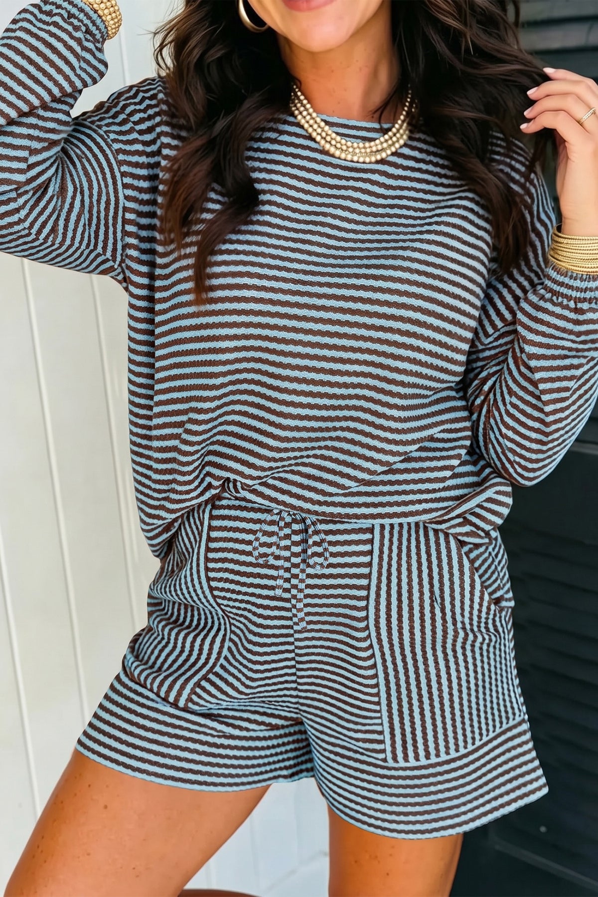Sky Blue Stripe Textured Knit Long Sleeve Top Elastic Waist Shorts Casual Outfit