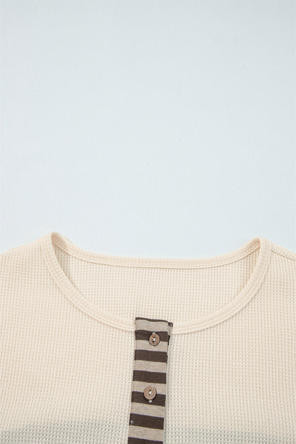 Beige Waffle Stripe Plaid Patchwork Henley Knit Top