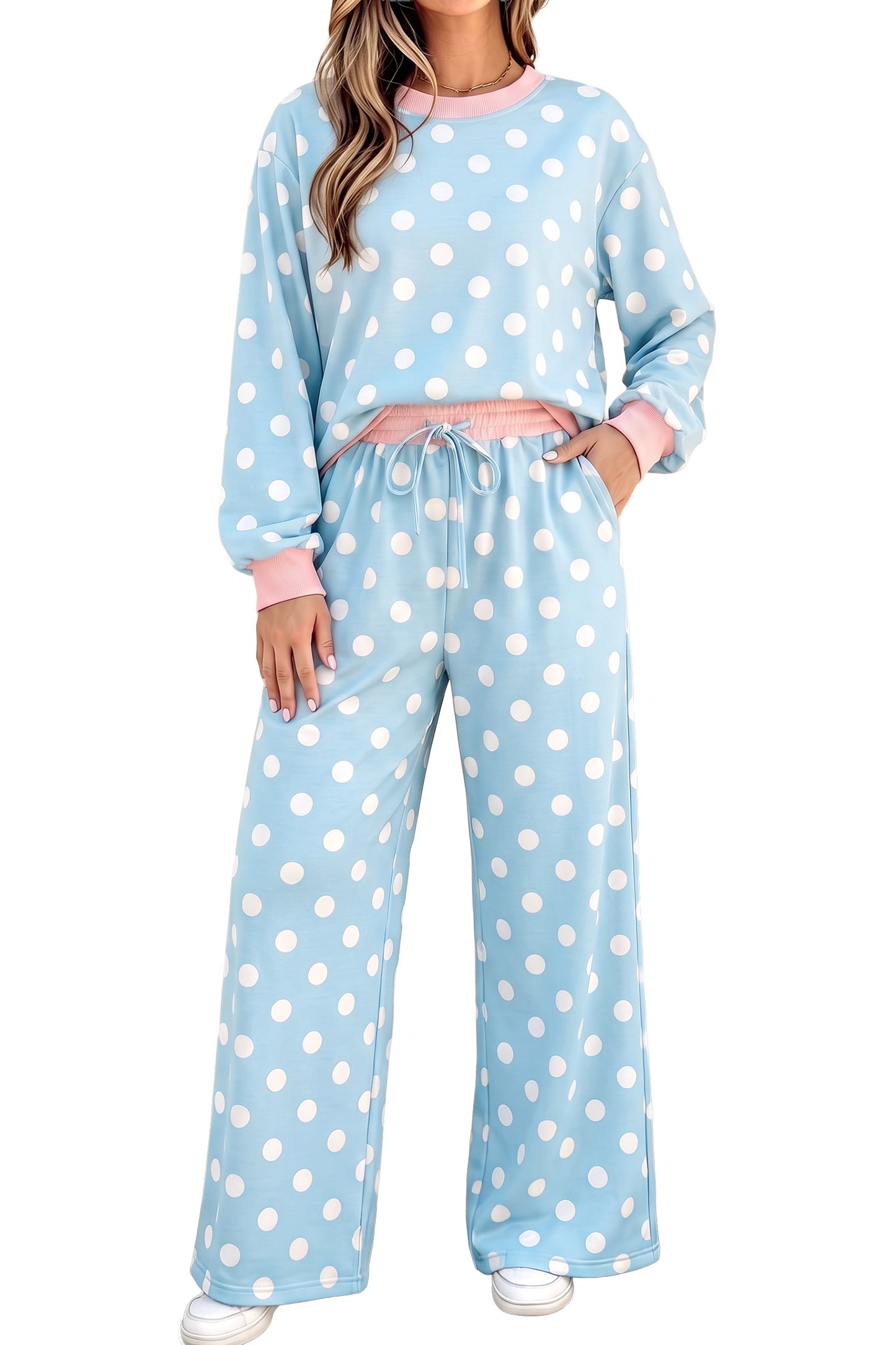 Sky Blue Polka Dot Contrast Trim Long Sleeve Top Drawstring Shift Pants Set