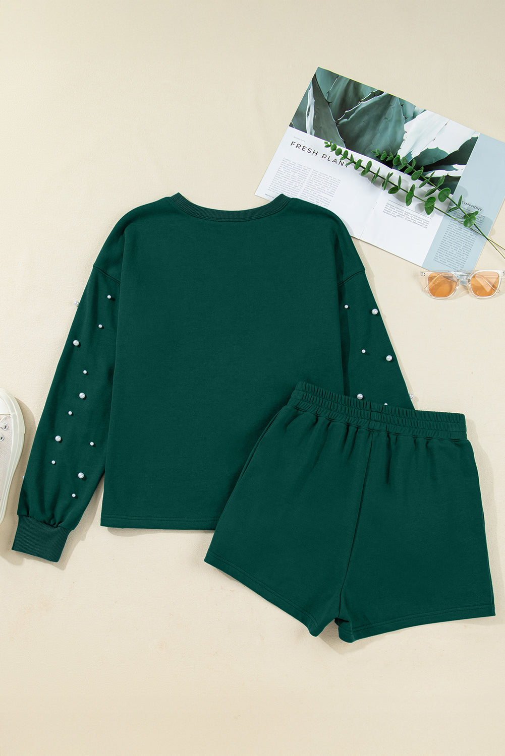 Dark Green Pearl Embellished Drop Shoulder Pullover Elastic Waist Mini Skirt Set