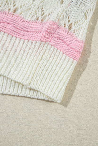 Pull à manches mi-longues en crochet ajouré à rayures marron et blocs de couleurs