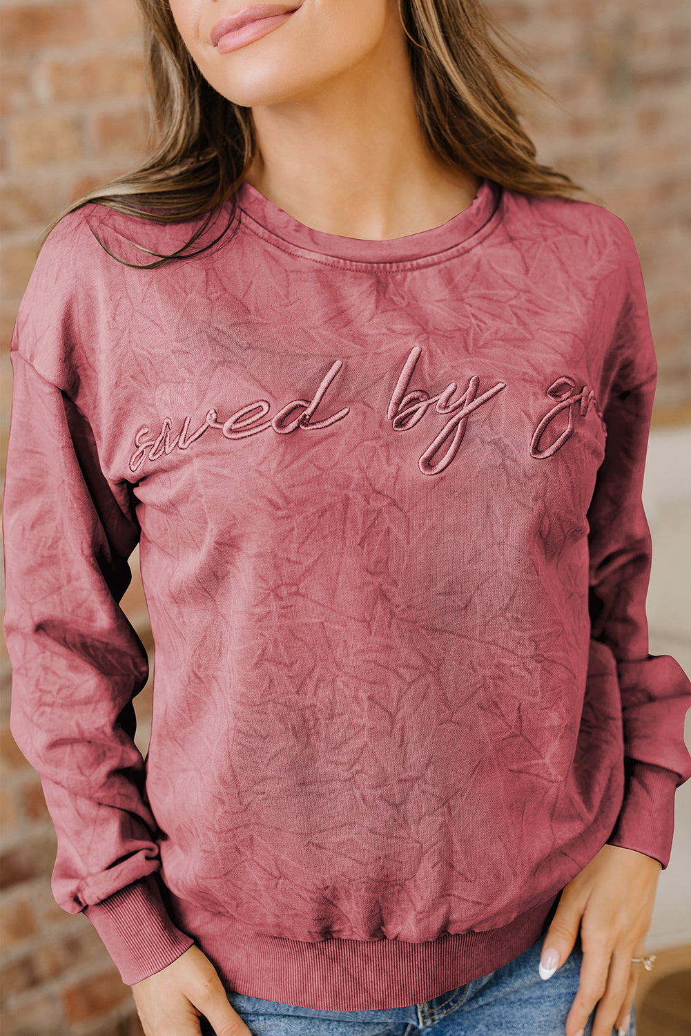 Sea Green saved by grace Letter Embroidery Mineral Wash Loose Sweatshirt