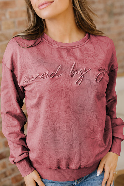 Sea Green saved by grace Letter Embroidery Mineral Wash Loose Sweatshirt