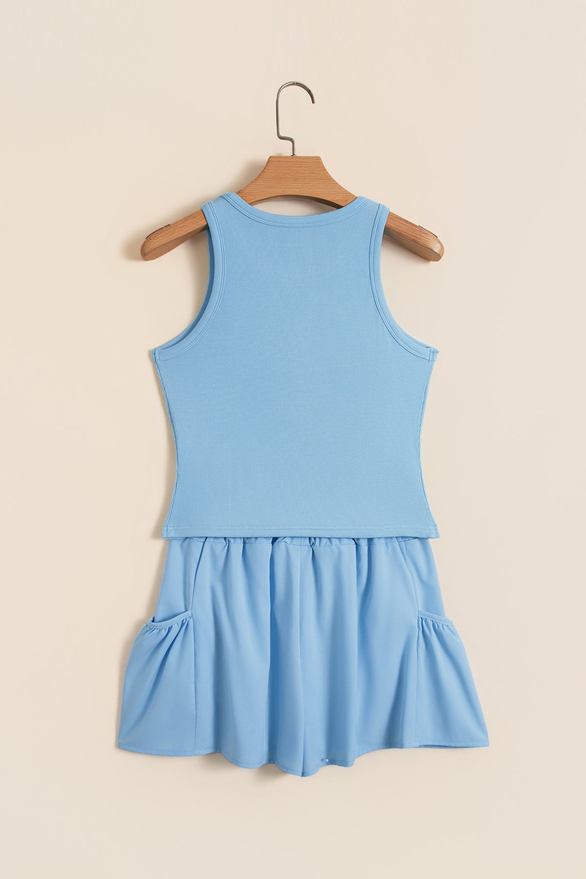 Mist Blue Ribbed Slim Tank Pocketed Wide Leg Shorts Set