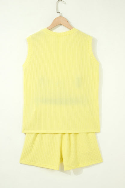 Yellow Cream Solid Color Textured Loose Tank Casual Shorts 2pcs Outfit