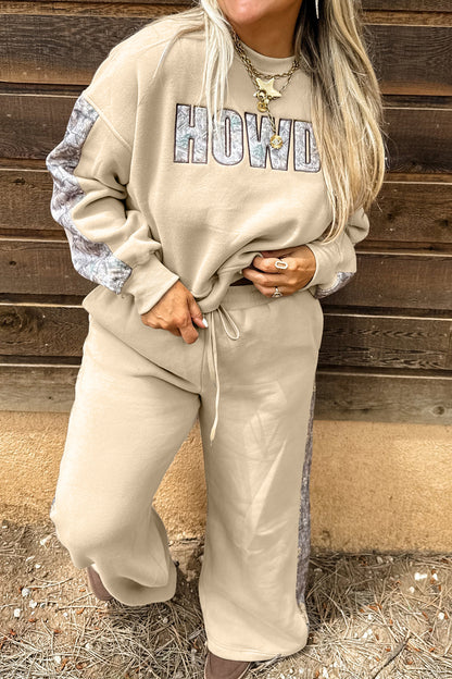 Parchment HOWDY Letter Print Colorblock Side Stripe Long Sleeve Plus Size Set