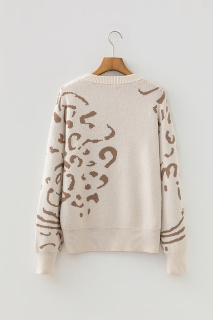 Beige Asymmetric Leopard Print Detail Drop Shoulder Sweater