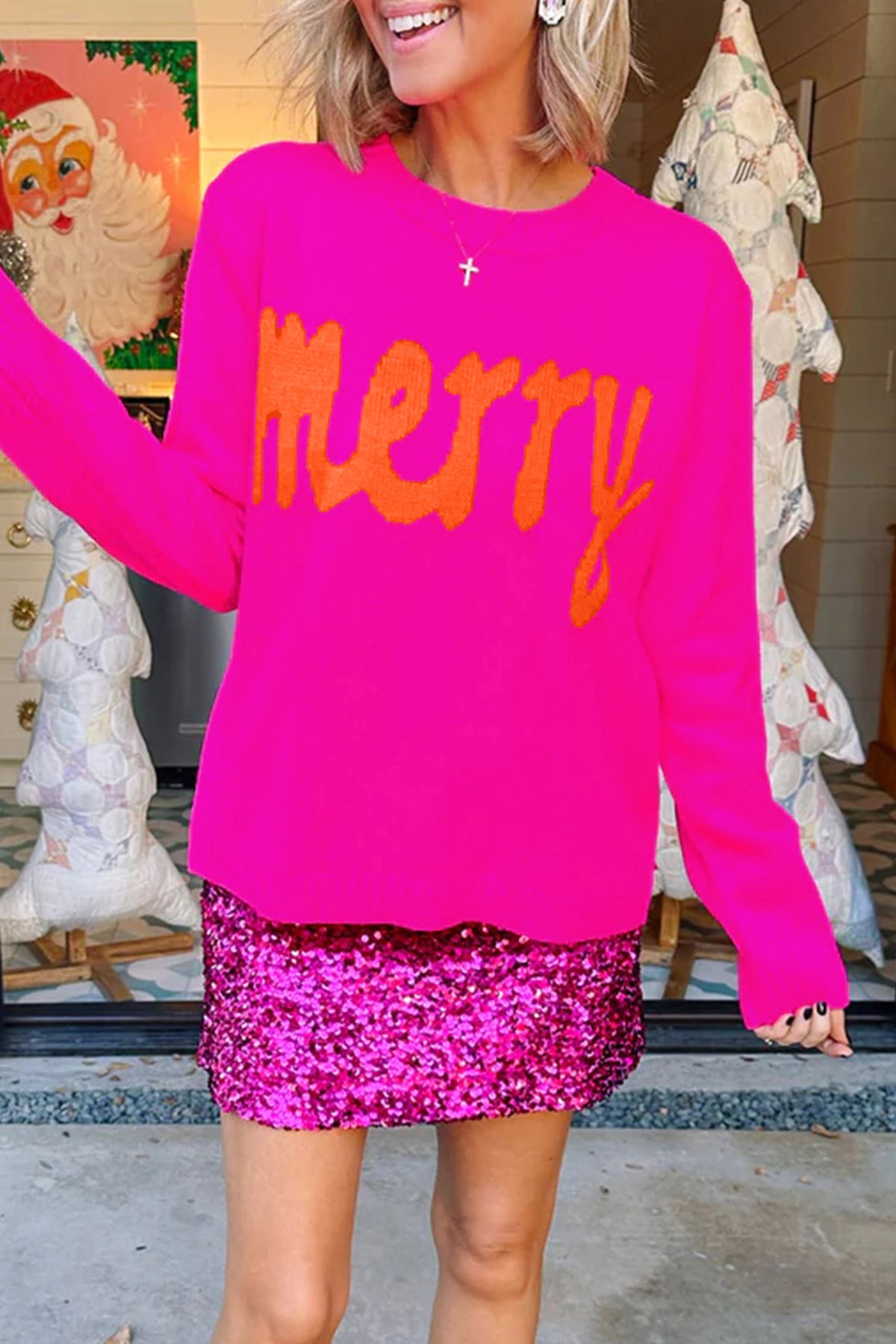 Rose Red Merry Print Ribbed Trim Round Neck Loose Fit Sweater