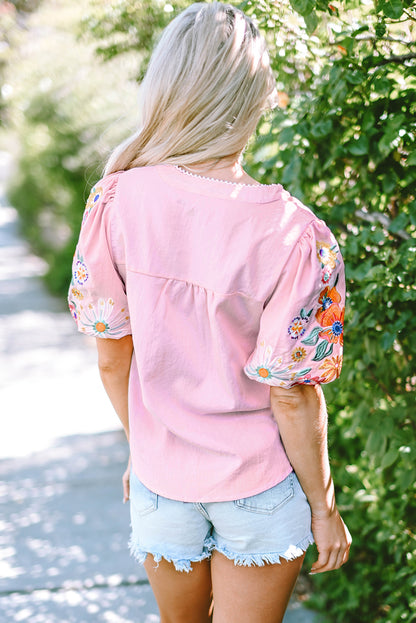 Beau Blue Floral Embroidered Puff Sleeve Split Neck Blouse