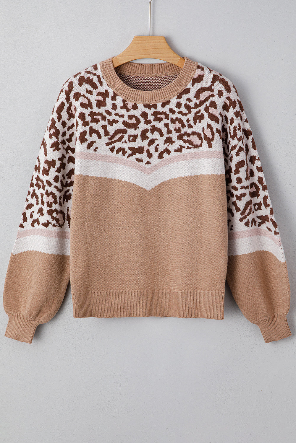 Straw Yellow Leopard Color Block Knit Round Neck Baggy Sweater