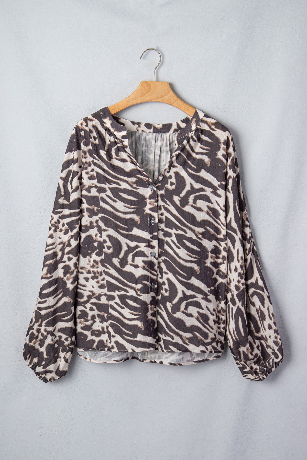 Parchment Leopard Print V Neck Button Down Balloon Sleeve Shirt