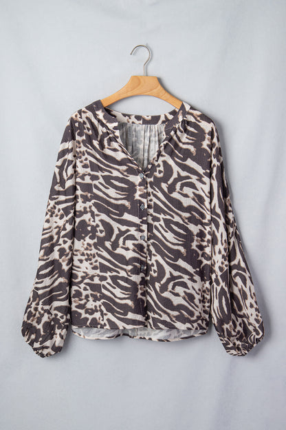Parchment Leopard Print V Neck Button Down Balloon Sleeve Shirt
