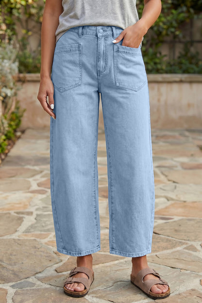 Coffee Solid Color Square Patch Pocket Ankle-length Barrel Jeans