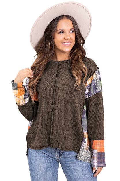 Dark Brown Plaid Patchwork Exposed Seam Knit Top