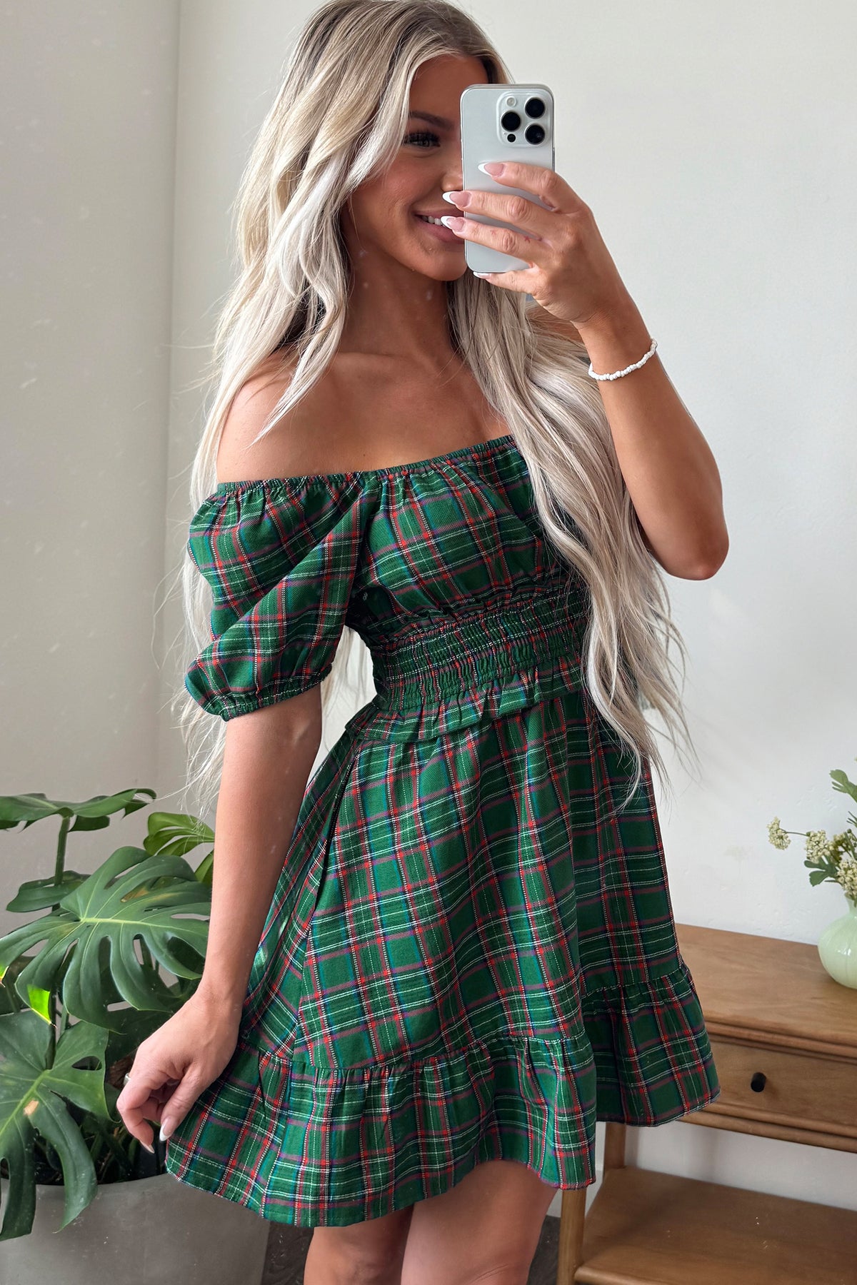 Green Plaid Shirred U Neck Short Sleeve Mini Dress